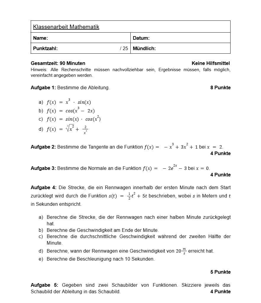 Altklausur Ableiten Mathe