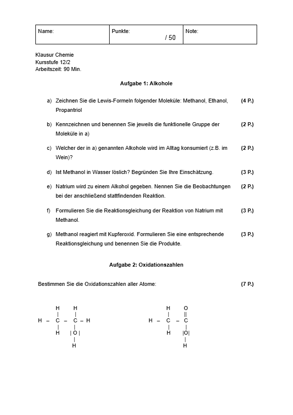 Chemie Klausur zu den Themen Alkohole, Oxidationszahlen, Aldehyde und Kohlenhydrate