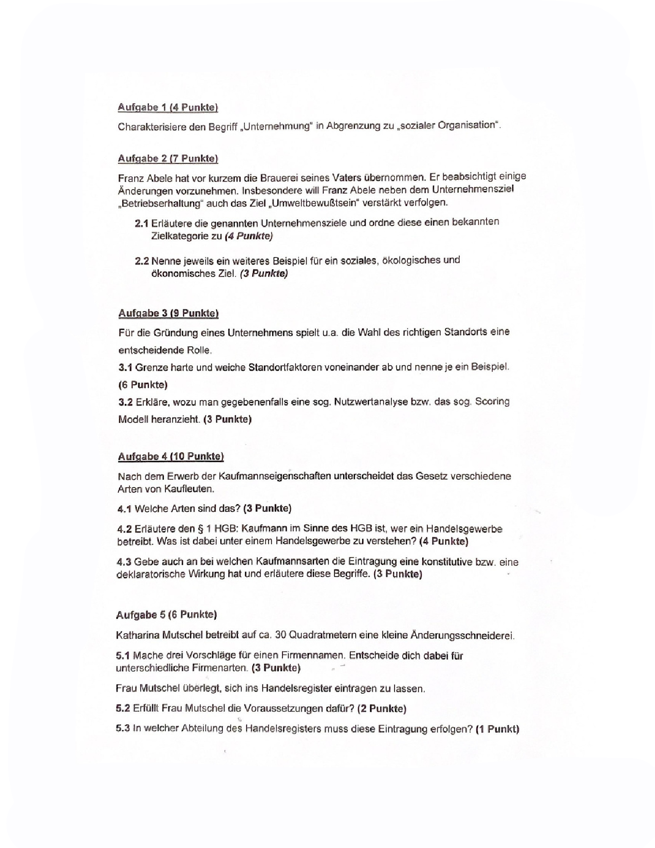 Wirtschaft Klausur - Unternehmen & Unternehmung