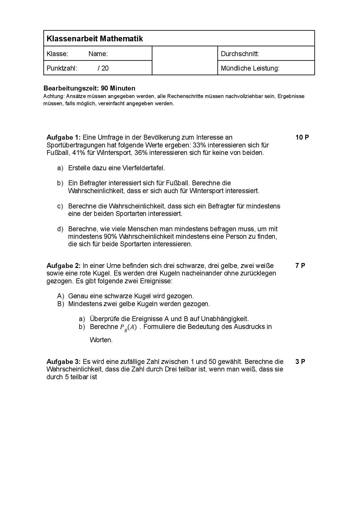 Stochastik Altklausur