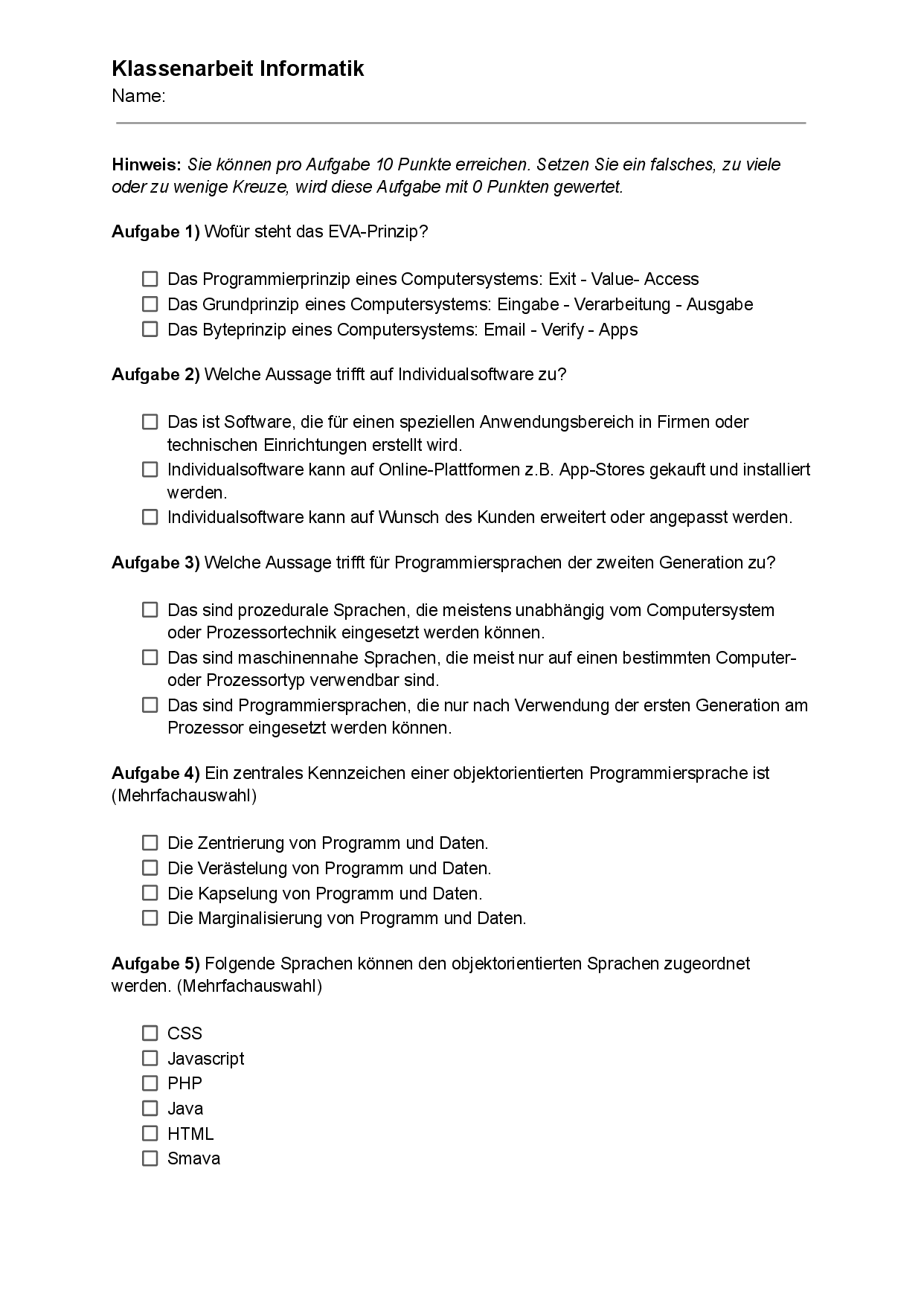 Informatik Klausur | Programmiersprachen und Diagramme