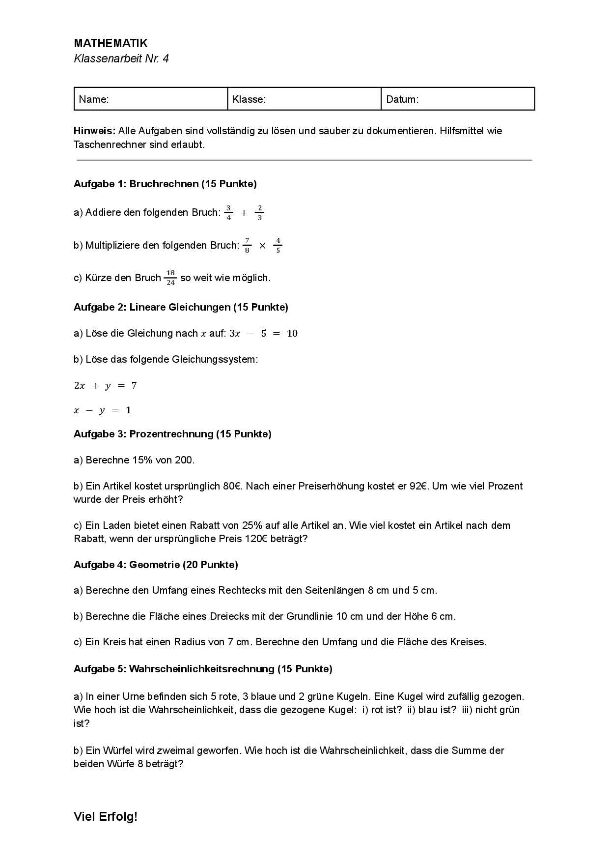 Mathematik Realschule Prüfungsvorbereitung