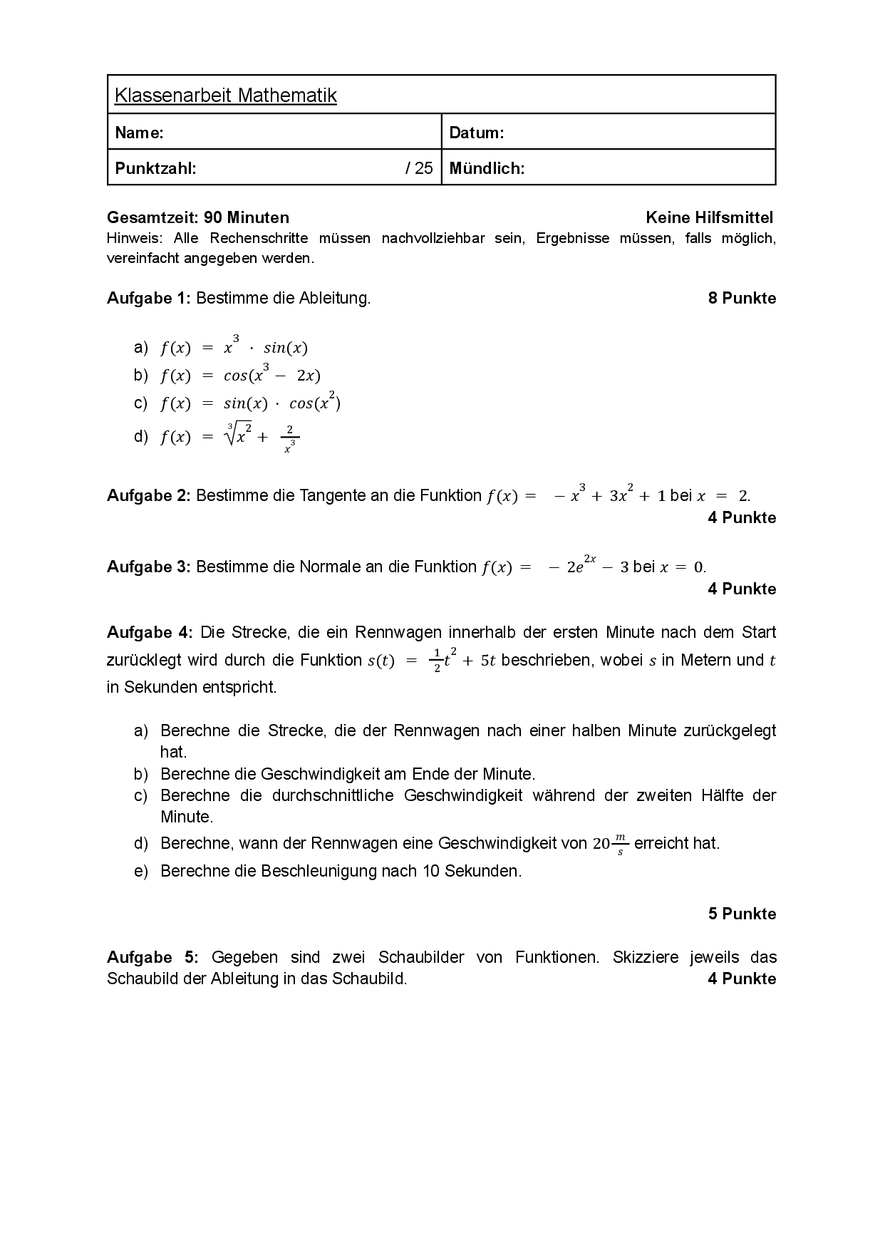 Klausur | Ableiten - Mathematik