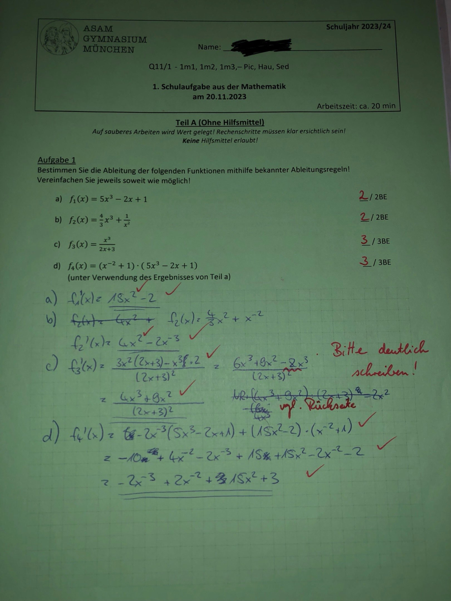 Matheklausur 11/1 (G8) Gymnasium Bayern Qualifikationsphase 1 Ableitung