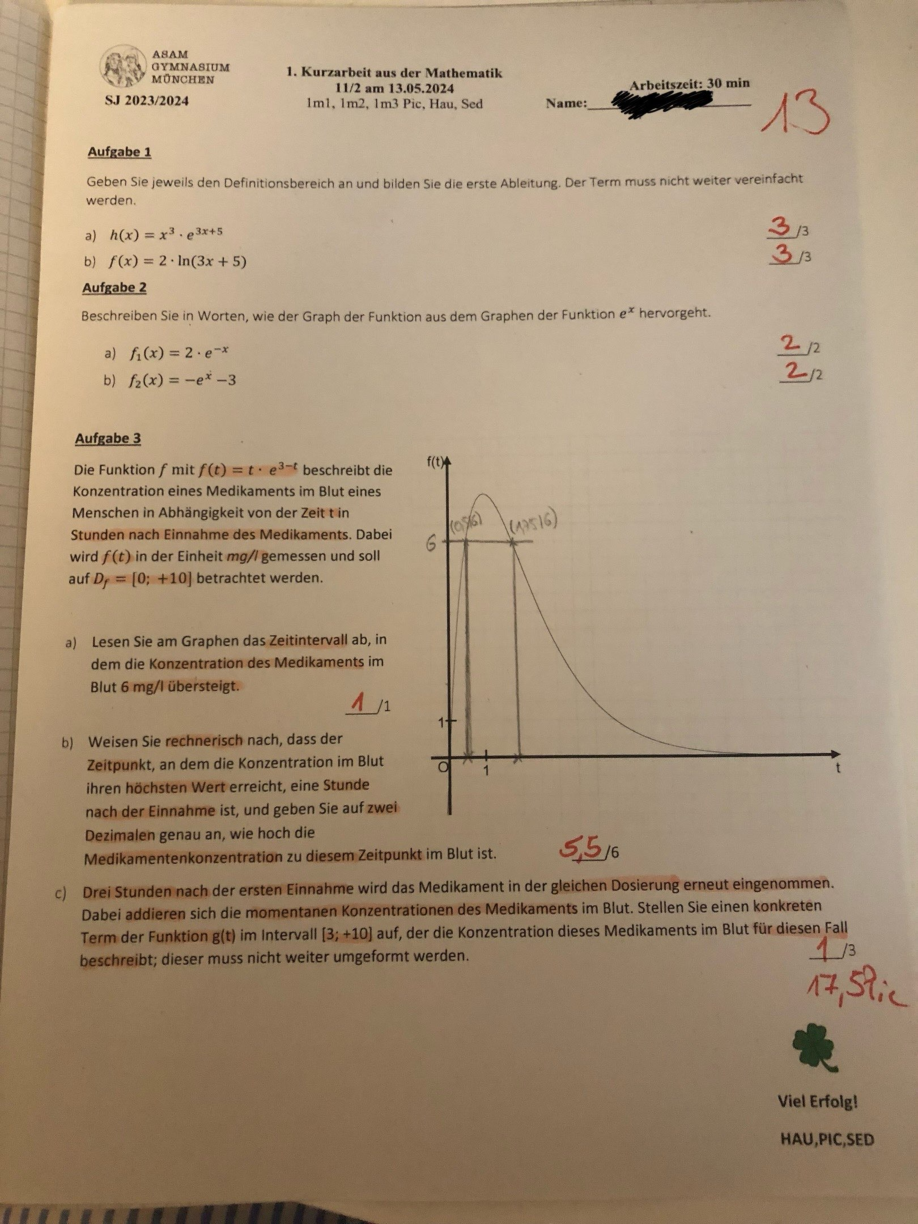Mathekurzarbeit 11/2 Gymnasium Bayern Qualifikationsphase 1 Thema Ableitung