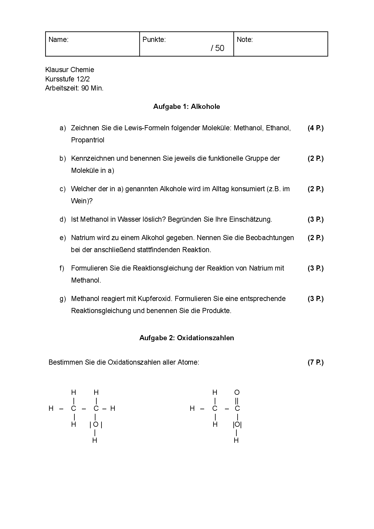 Klausur Chemie ● Alkohole ● Oxidationszahlen ● Aldehyde ● Kohlenhydrate