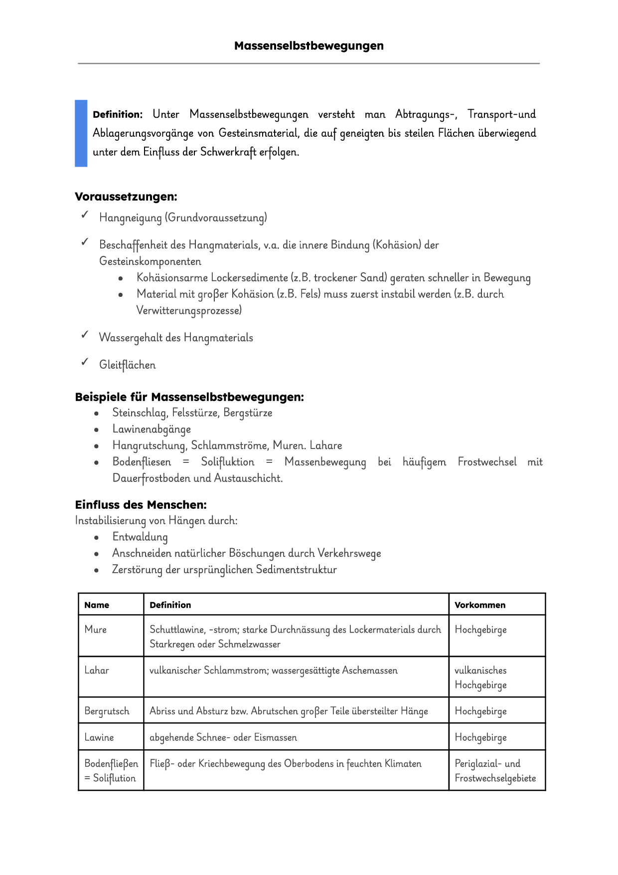 Massenselbstbewegungen - Definition - Voraussetzungen - Einfluss der Menschen