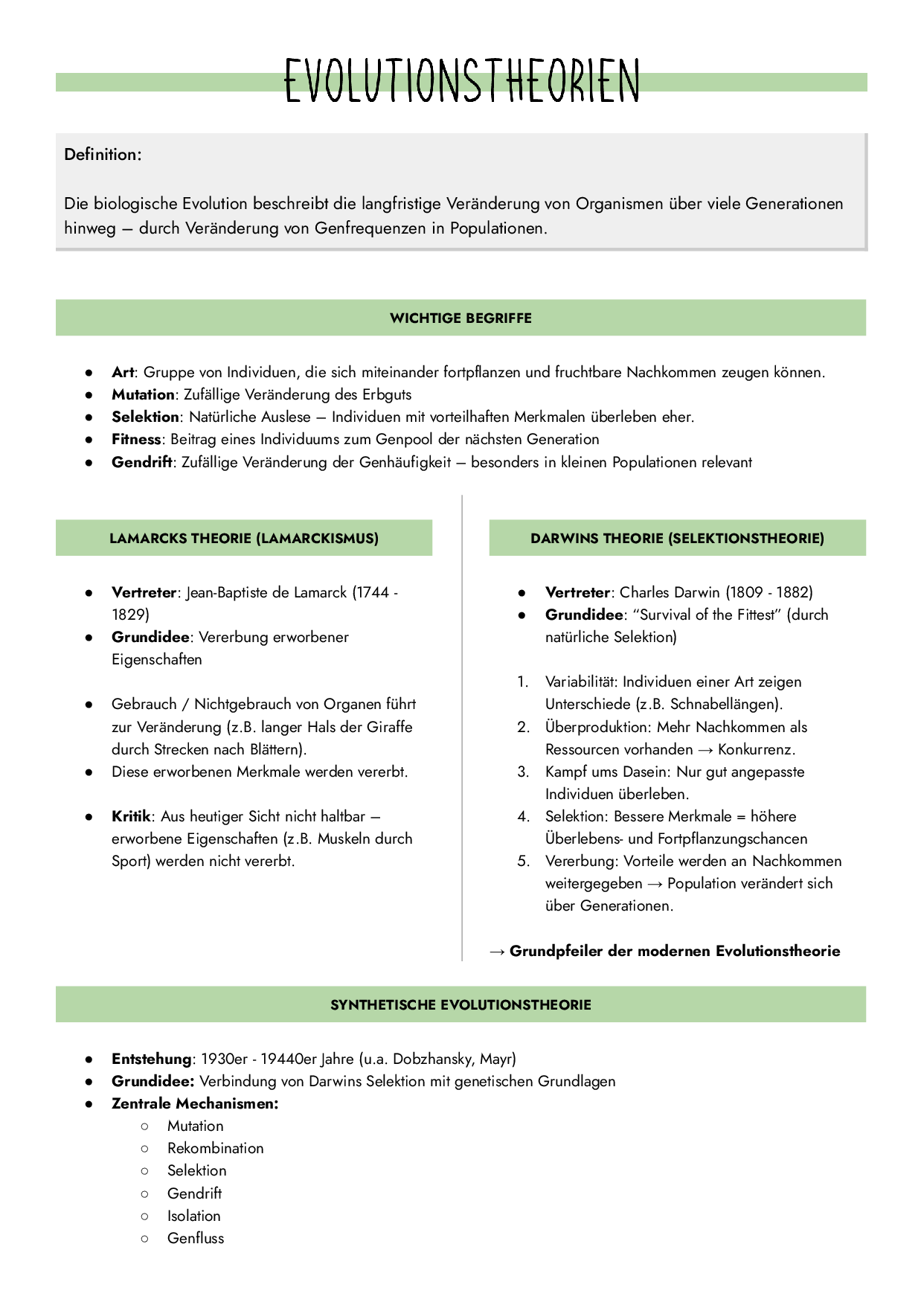 Evolutionstheorien: Begriffe, Lamarckismus, Selektionstheorie
