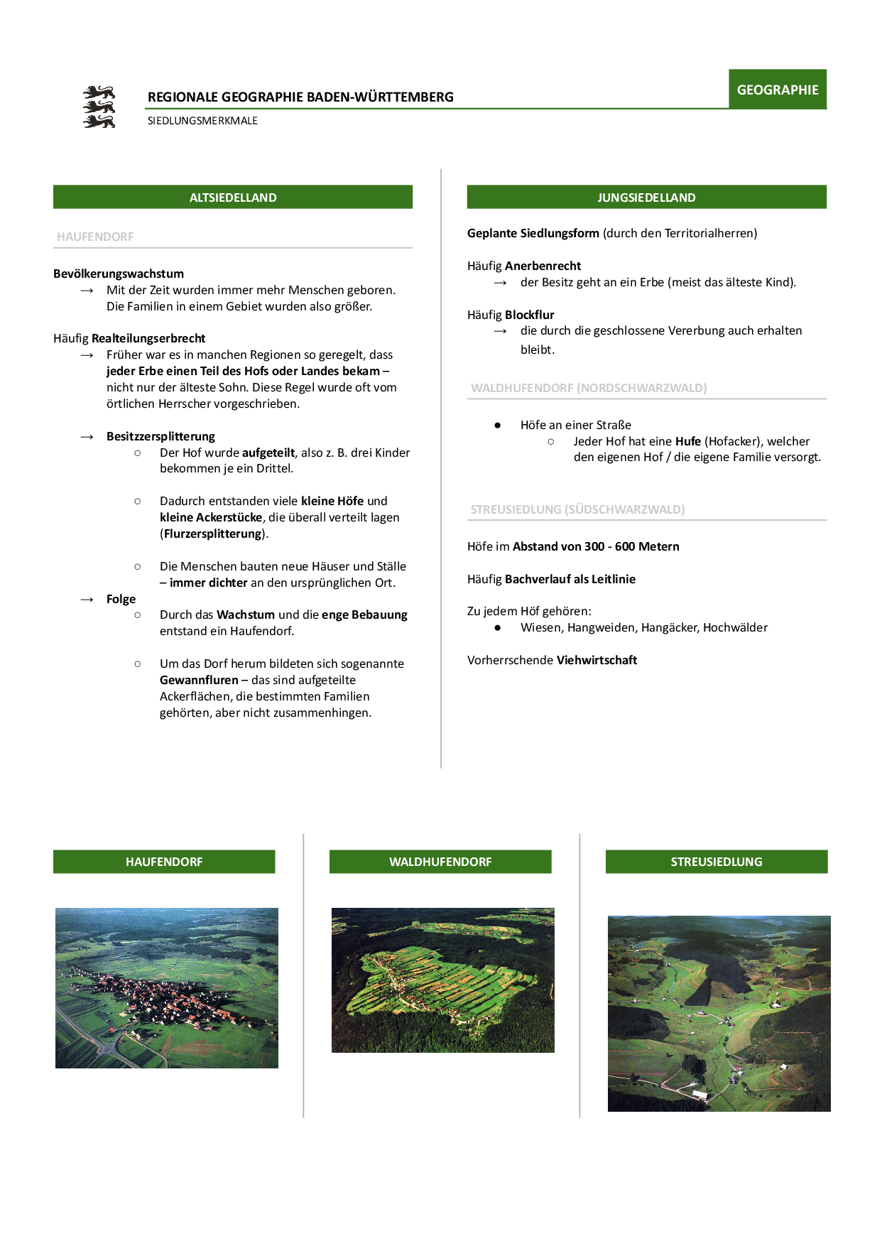 Siedlungsmerkmale (Siedlungsform, Erbrecht & Flurformen)