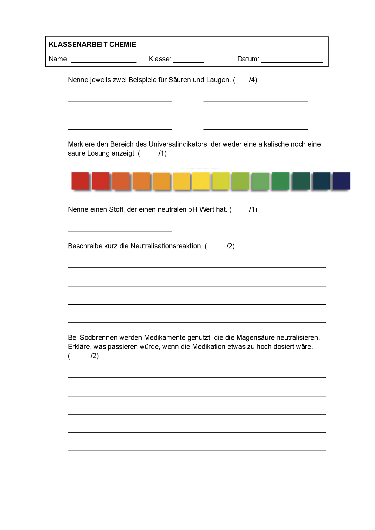 Chemie Klausur Klasse 10 - Säuren und Basen